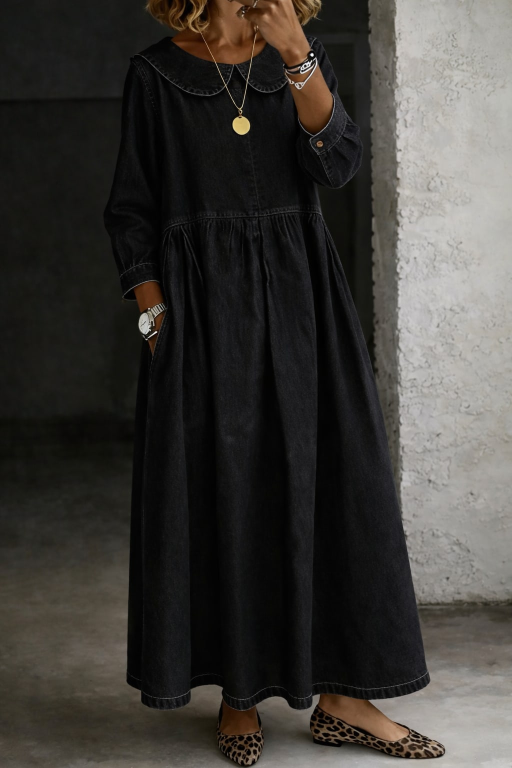 Women's Peter Pan Collar Denim Maxi Dress | Yaxley_4