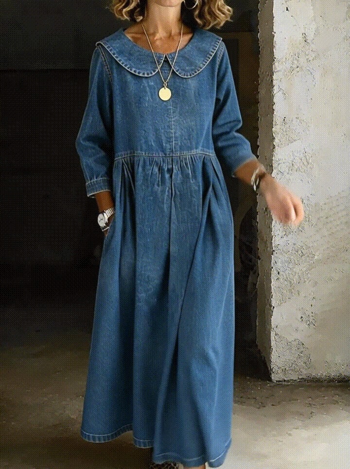 Women's Peter Pan Collar Denim Maxi Dress | Yaxley_7