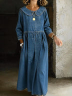 Women's Peter Pan Collar Denim Maxi Dress | Yaxley_7