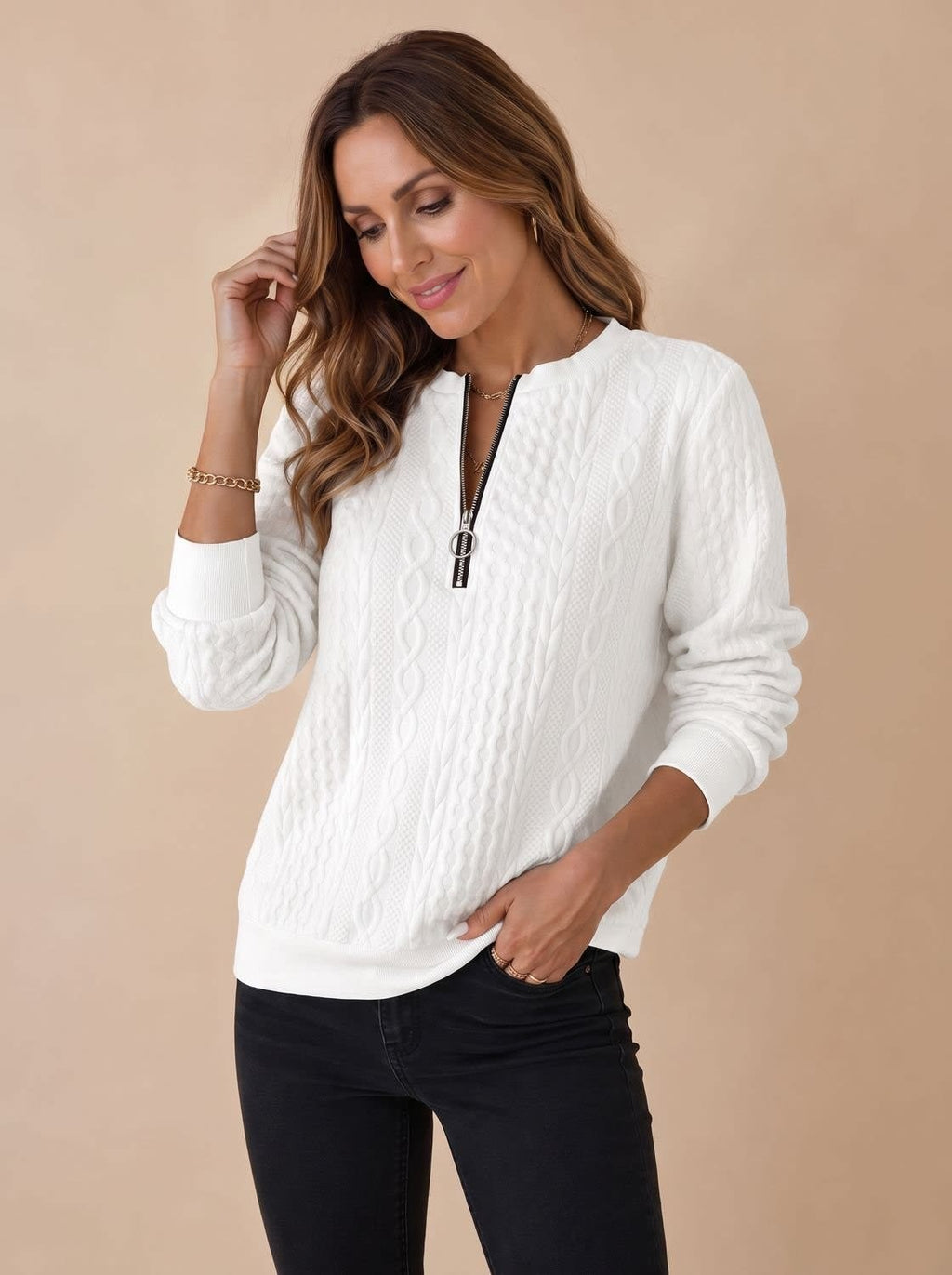 Women's Cable Knit Half Zip Sweater | Melbury_3