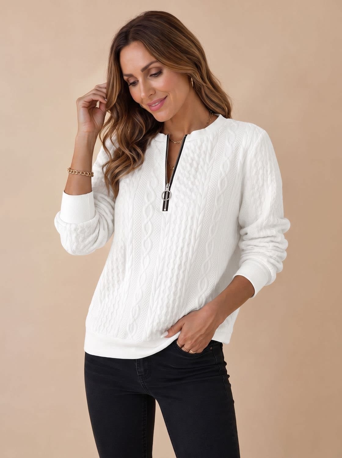 Women's Cable Knit Half Zip Sweater | Melbury_3