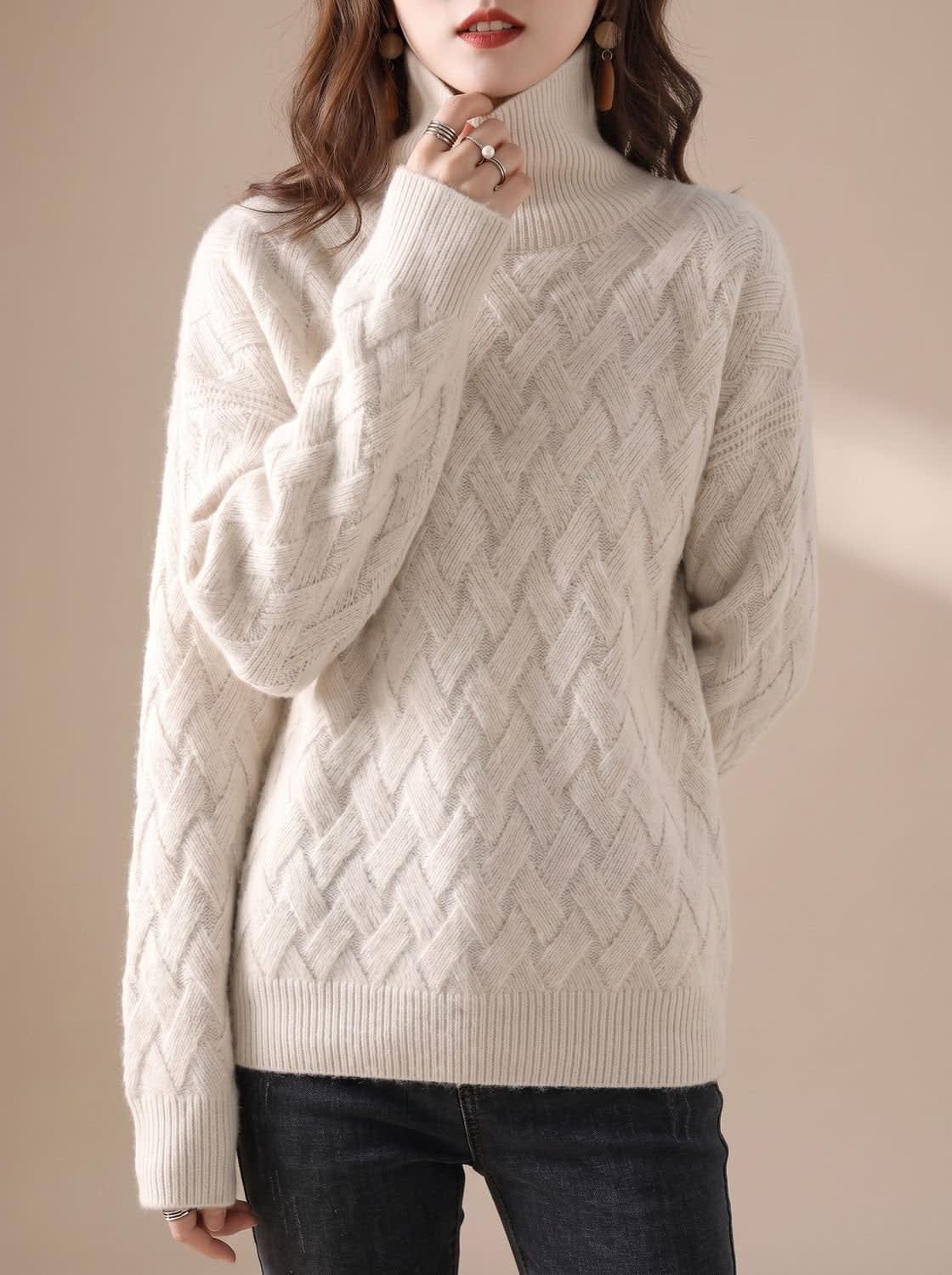 Women's Oversized Basket Weave Turtleneck Sweater | Cheriton_2