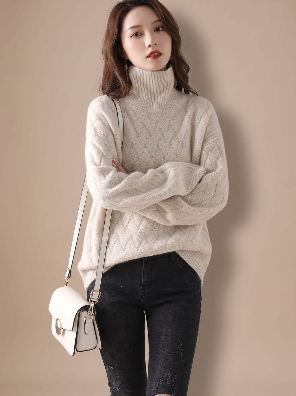 Women's Oversized Basket Weave Turtleneck Sweater | Cheriton_3