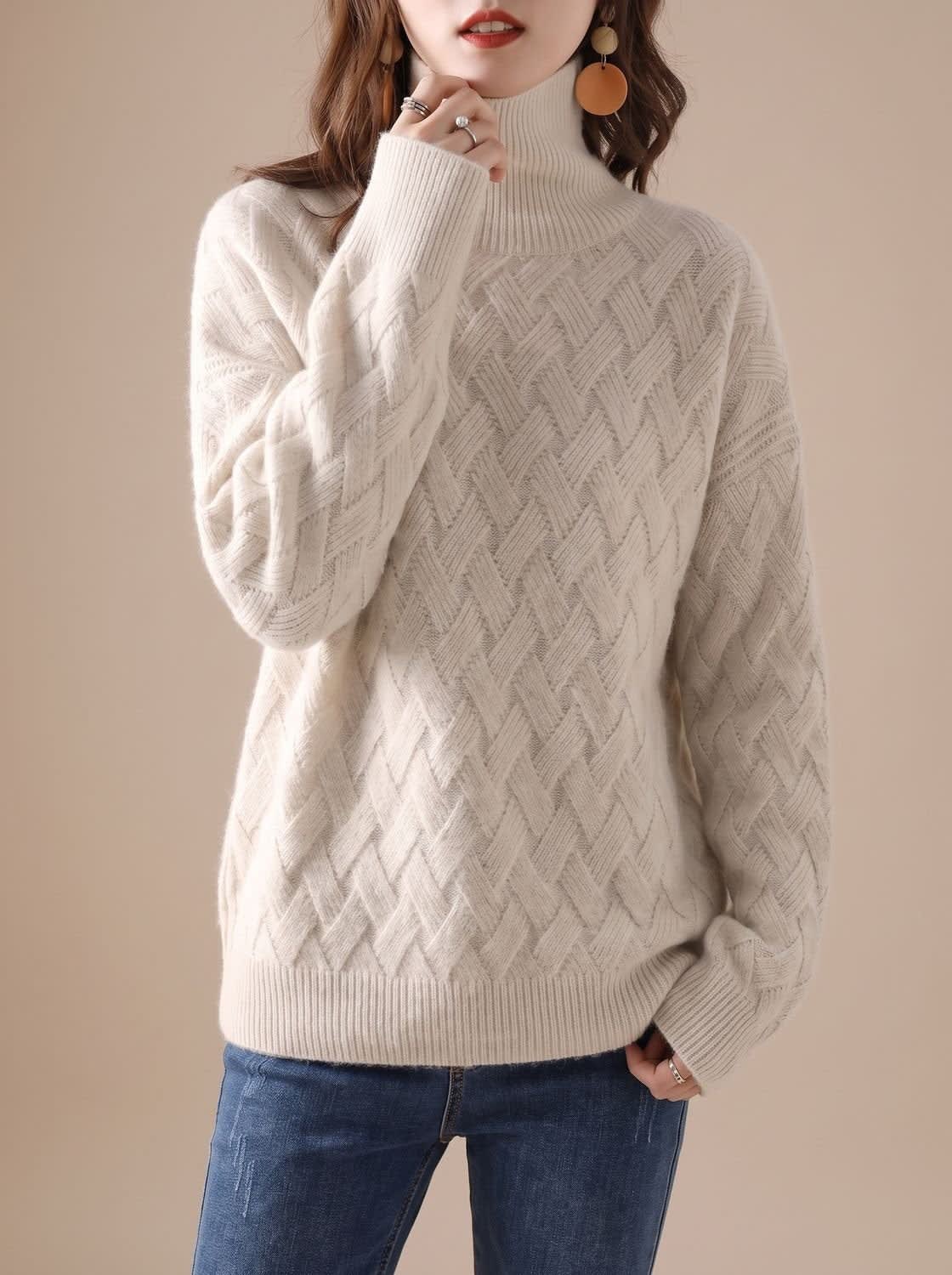 Women's Oversized Basket Weave Turtleneck Sweater | Cheriton_4