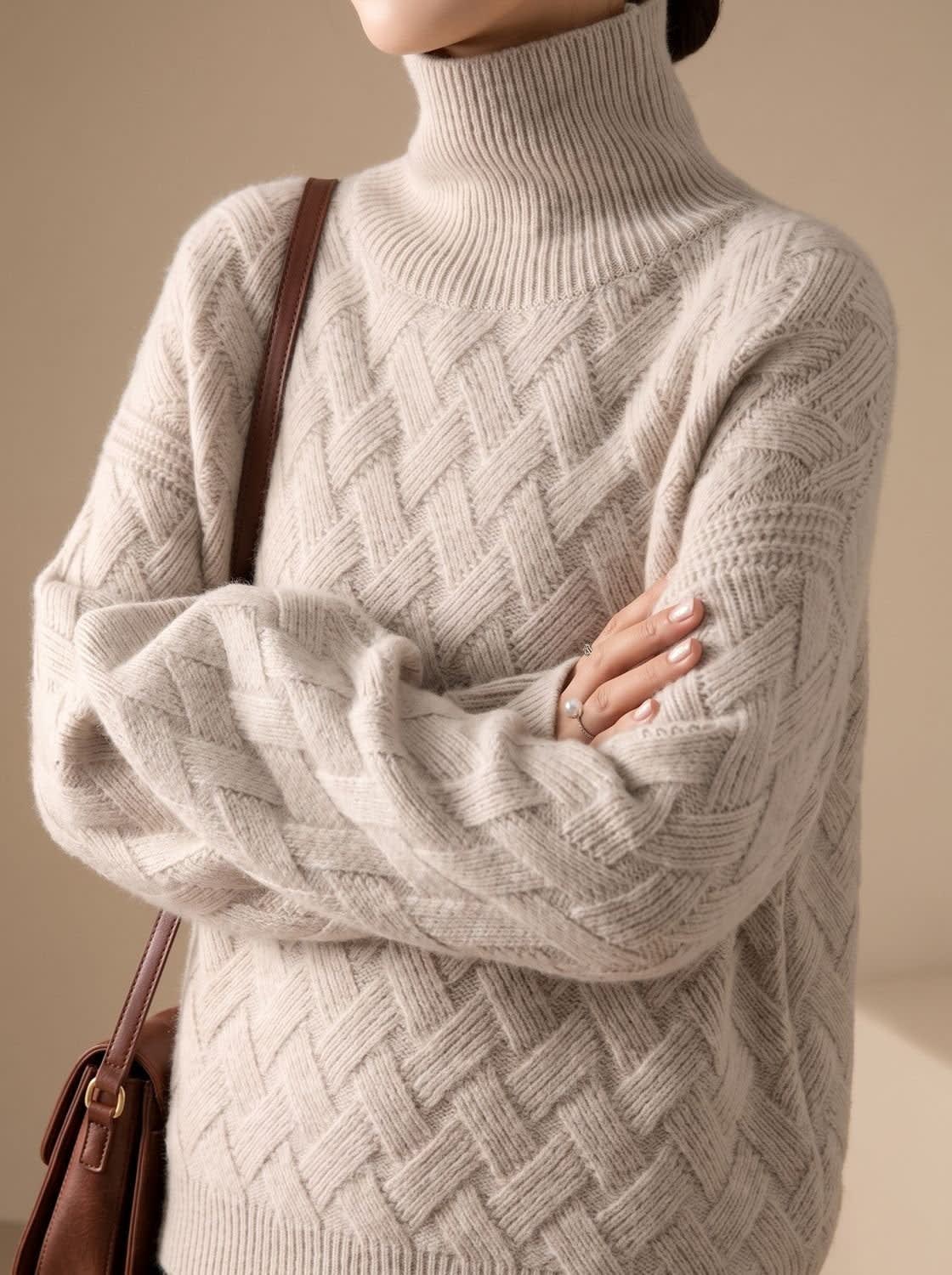 Women's Oversized Basket Weave Turtleneck Sweater | Cheriton_5
