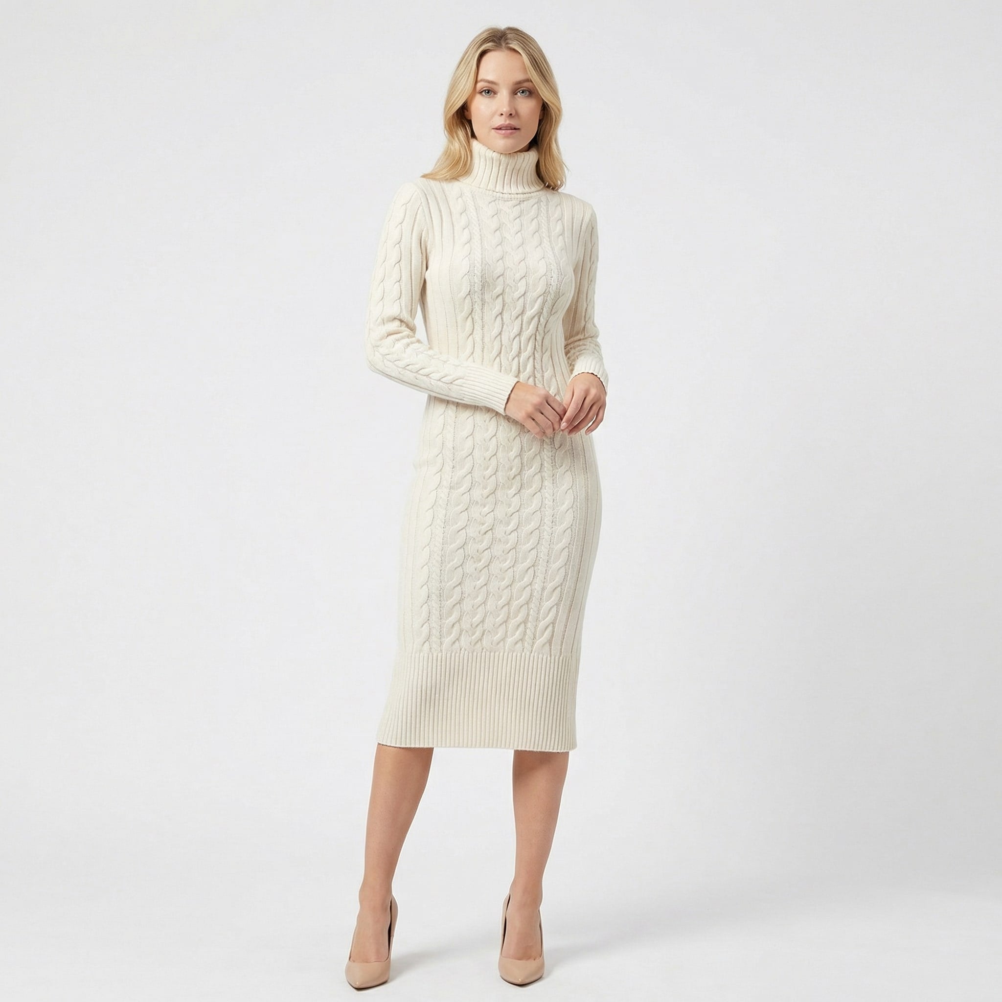 Women's Cable Knit Turtleneck Midi Dress | Eudora_1