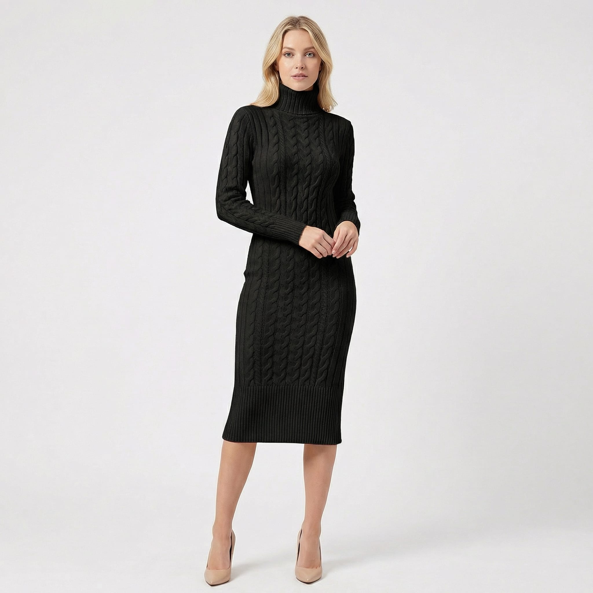 Women's Cable Knit Turtleneck Midi Dress | Eudora_3
