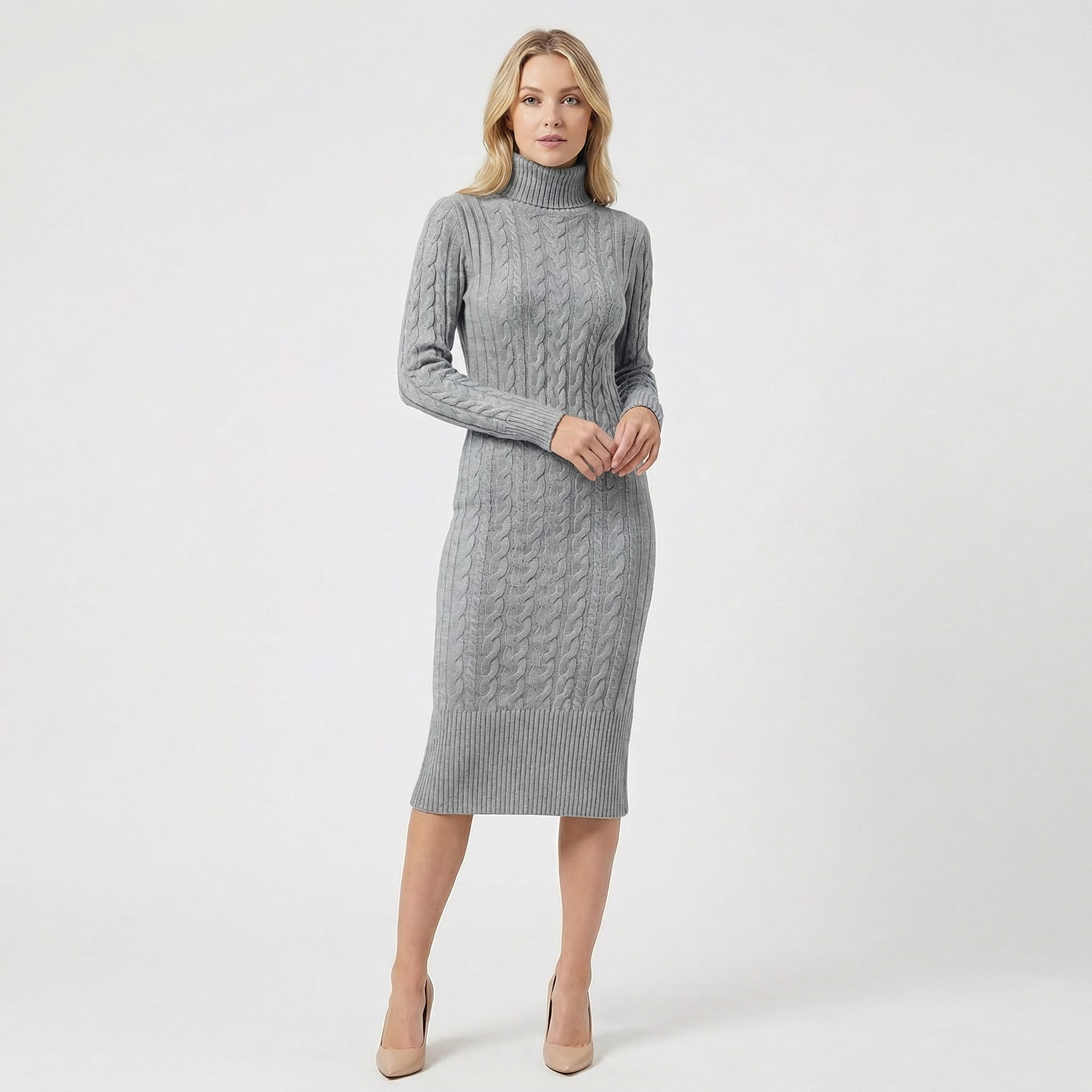 Women's Cable Knit Turtleneck Midi Dress | Eudora_4