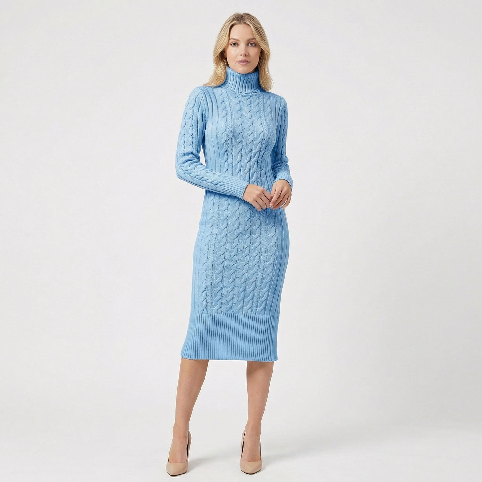 Women's Cable Knit Turtleneck Midi Dress | Eudora_6