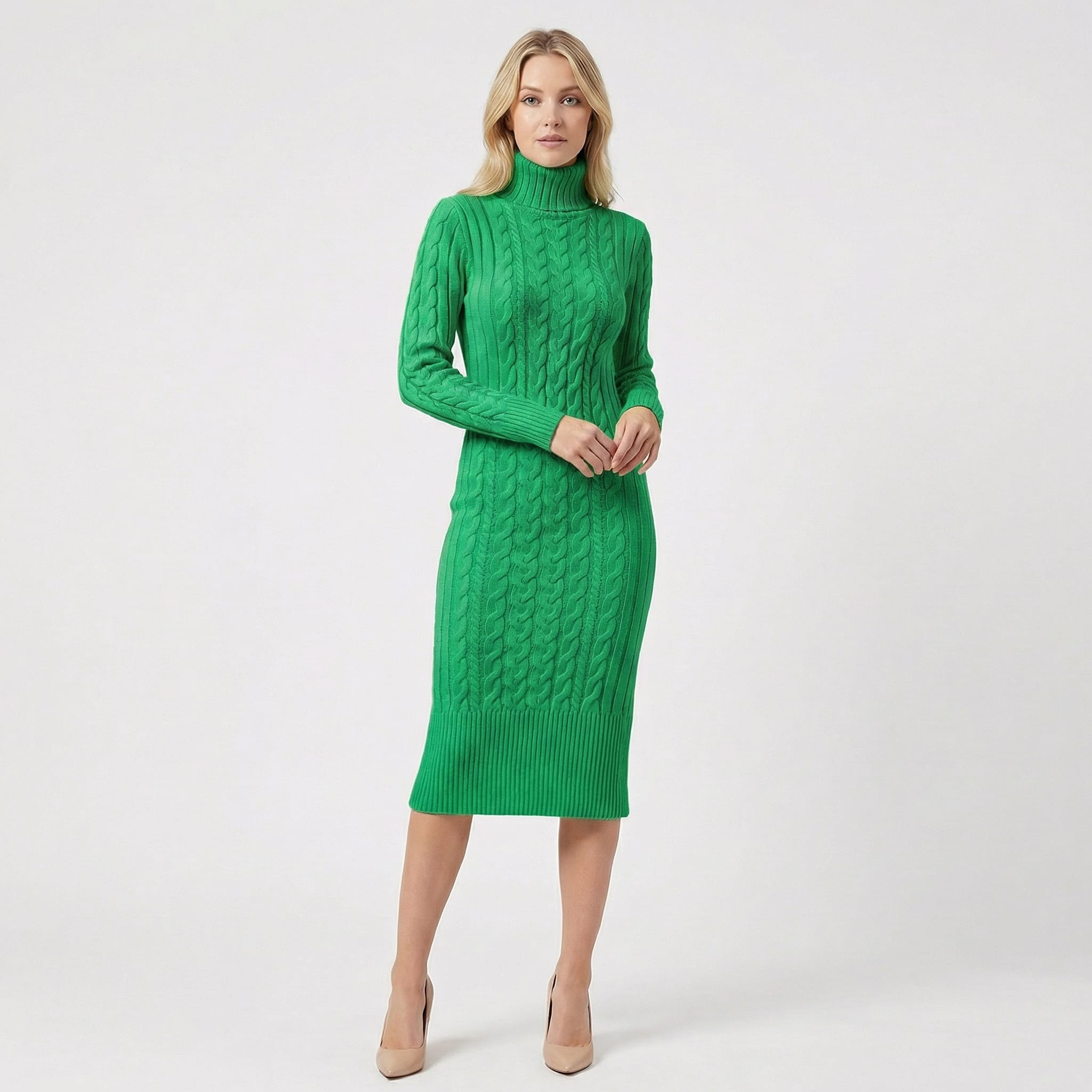 Women's Cable Knit Turtleneck Midi Dress | Eudora_7