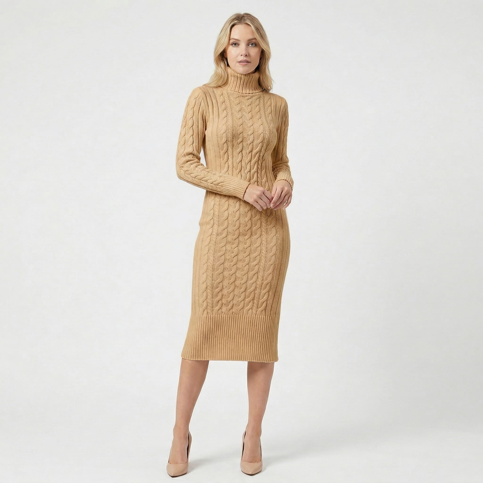 Women's Cable Knit Turtleneck Midi Dress | Eudora_8