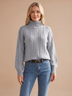 Women's Balloon Sleeve Cable Turtleneck Sweater | Rothbury_10