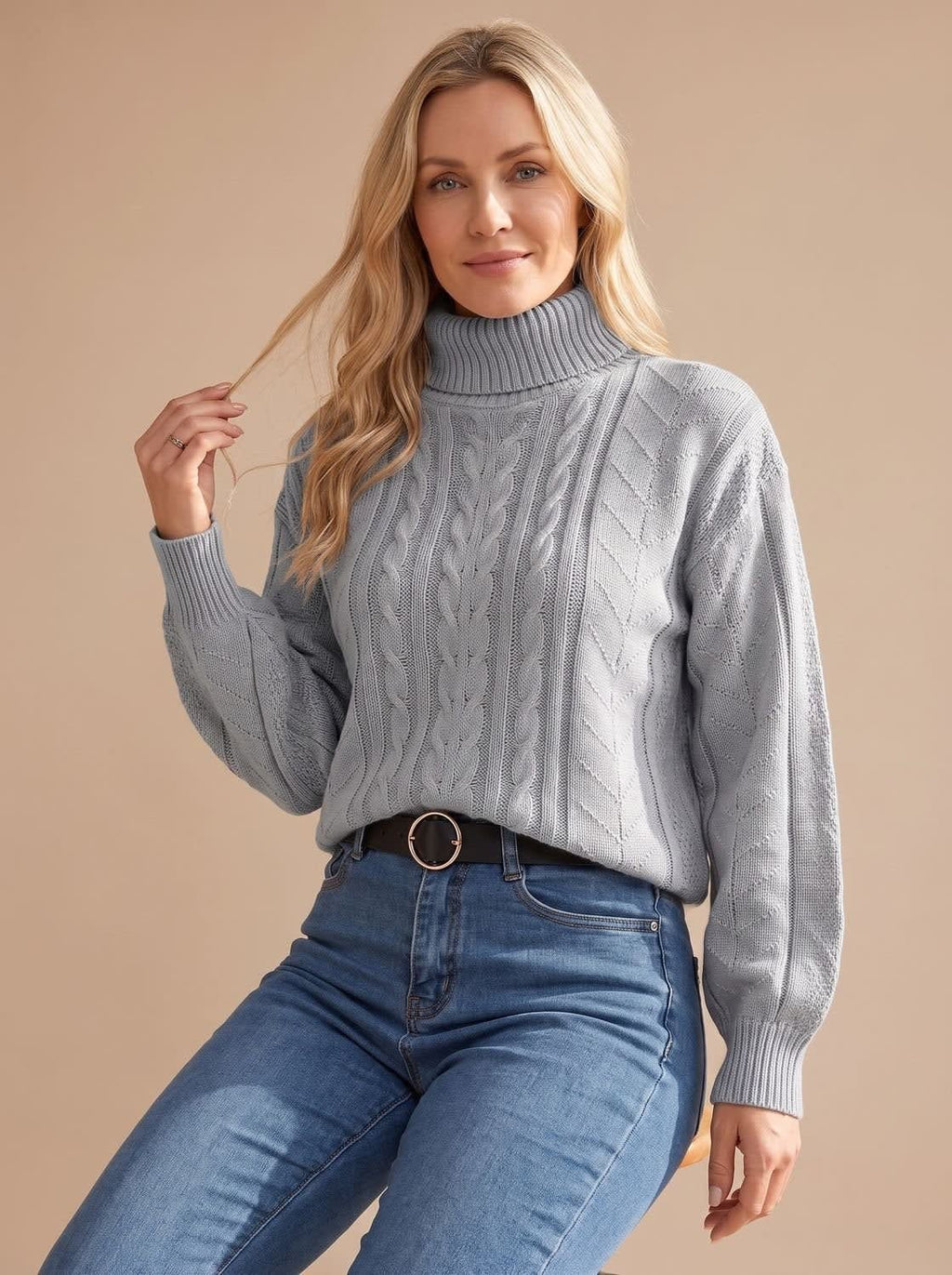 Women's Balloon Sleeve Cable Turtleneck Sweater | Rothbury_11