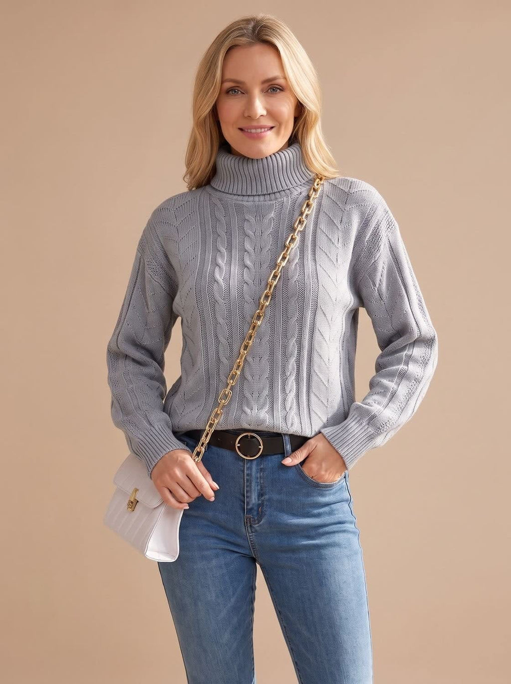 Women's Balloon Sleeve Cable Turtleneck Sweater | Rothbury_12