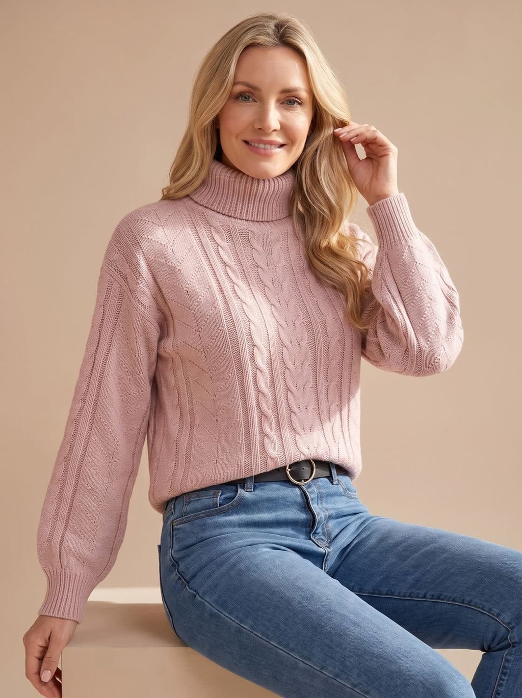 Women's Balloon Sleeve Cable Turtleneck Sweater | Rothbury_3