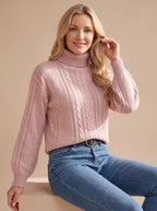 Women's Balloon Sleeve Cable Turtleneck Sweater | Rothbury_3