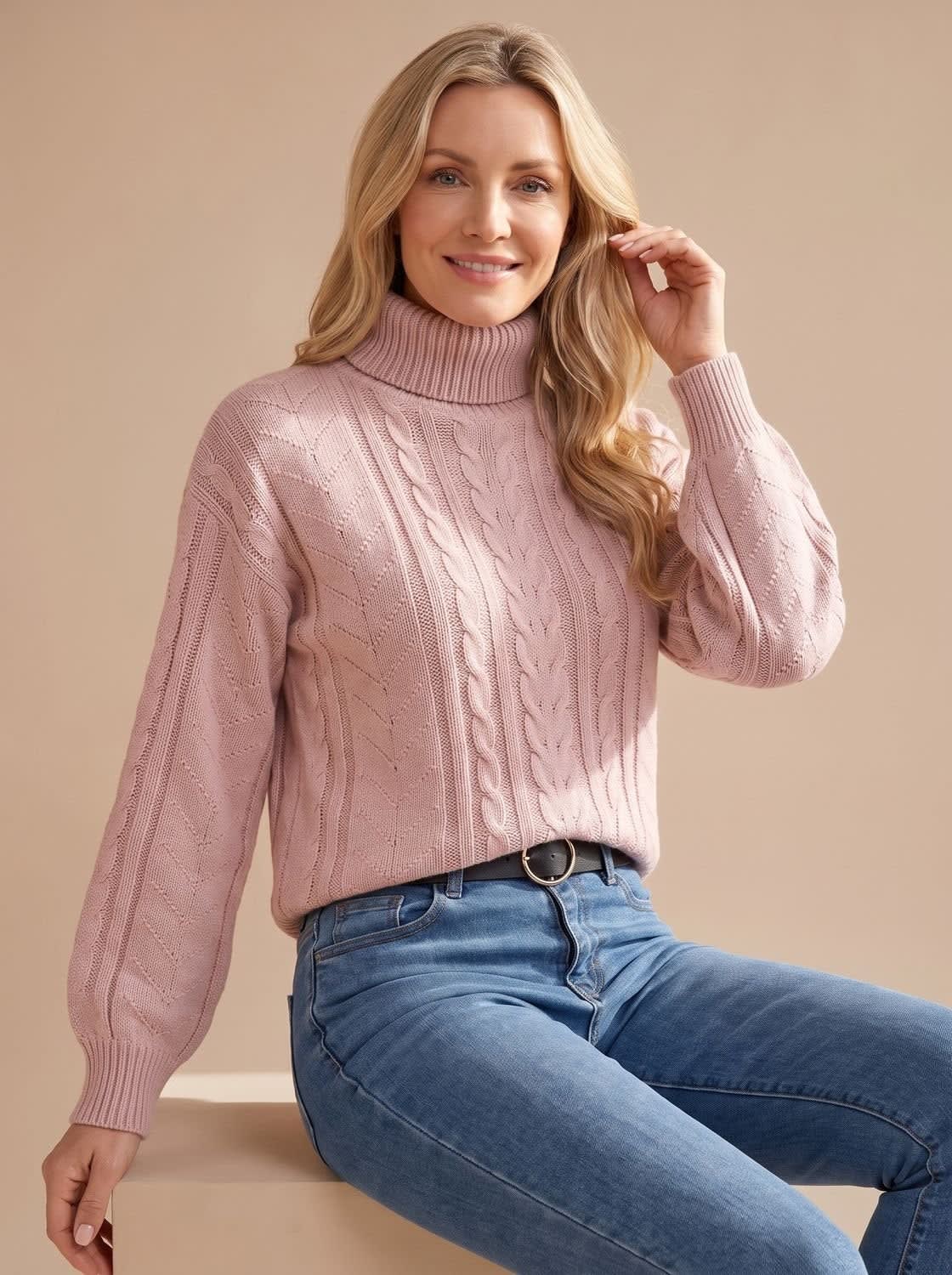 Women's Balloon Sleeve Cable Turtleneck Sweater | Rothbury_3