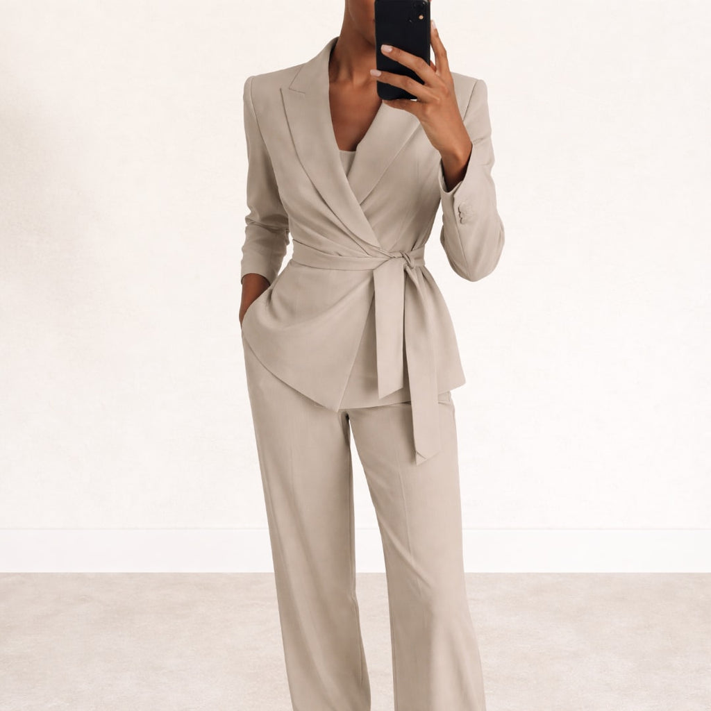 Women's Belted Wide Leg Two Piece Suit Set | Leaford_4