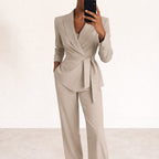 Women's Belted Wide Leg Two Piece Suit Set | Leaford_4
