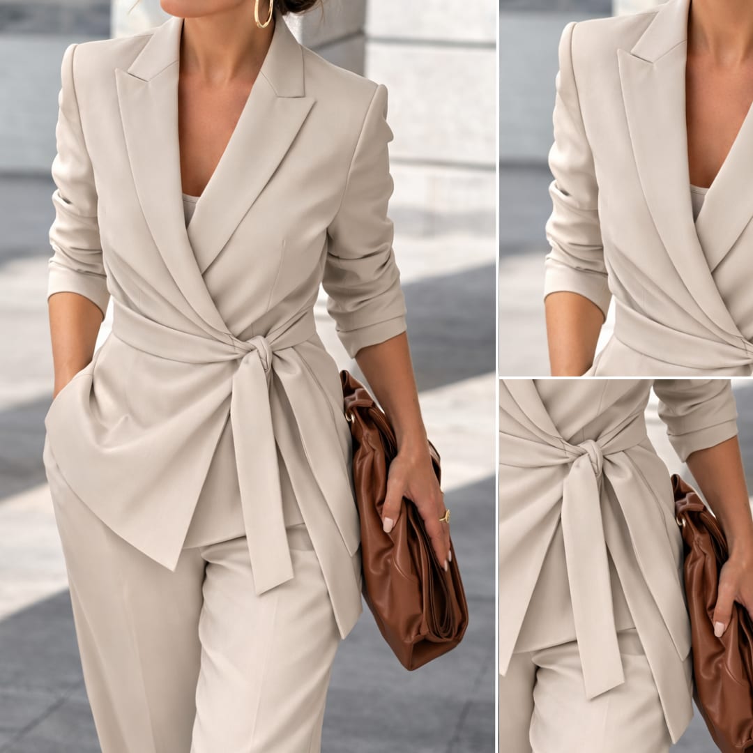 Women's Belted Wide Leg Two Piece Suit Set | Leaford_6