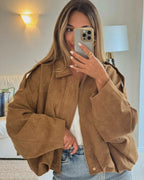 Women's Faux Suede Collared Bomber Jacket | Oriel_13
