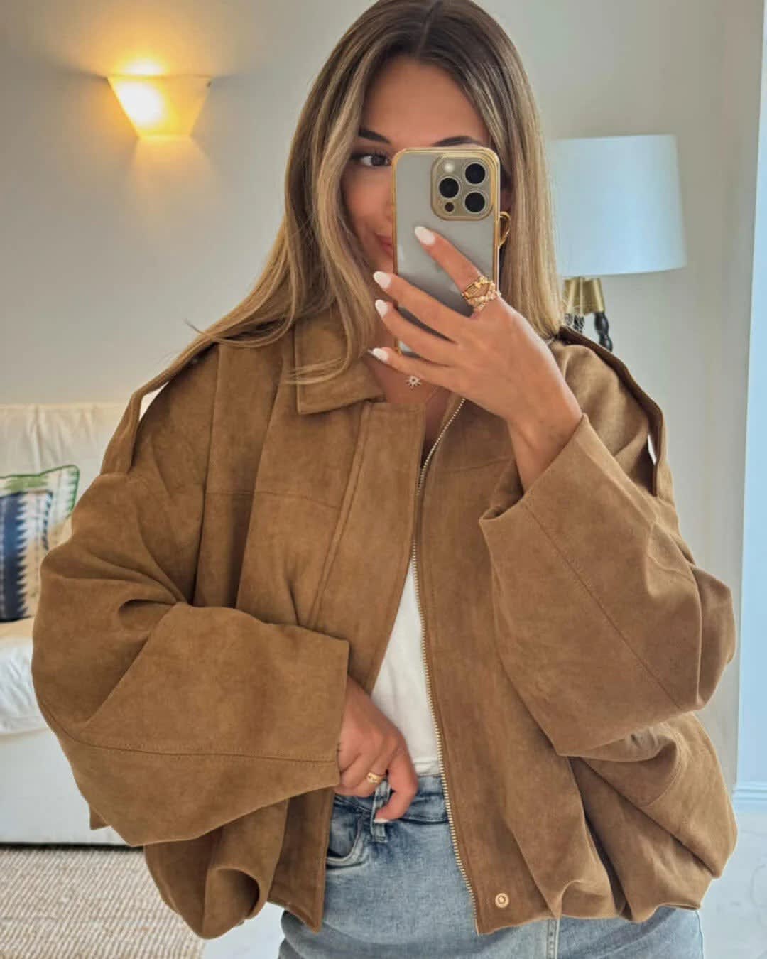 Women's Faux Suede Collared Bomber Jacket | Oriel_13