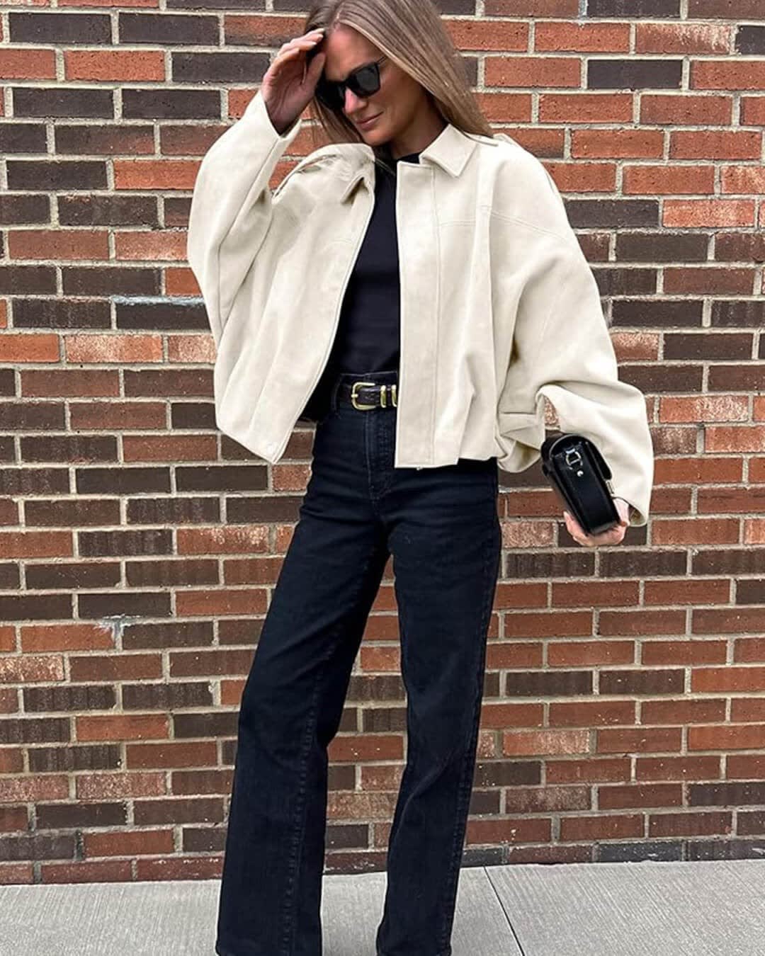 Women's Faux Suede Collared Bomber Jacket | Oriel_14