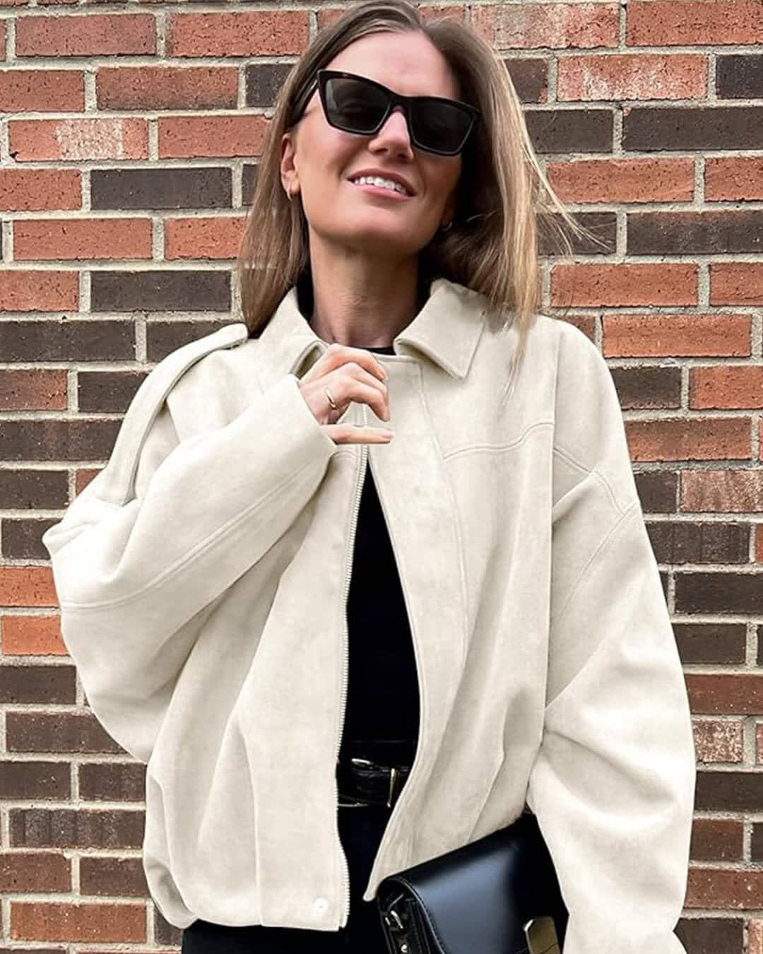 Women's Faux Suede Collared Bomber Jacket | Oriel_15