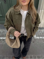 Women's Faux Suede Collared Bomber Jacket | Oriel_3