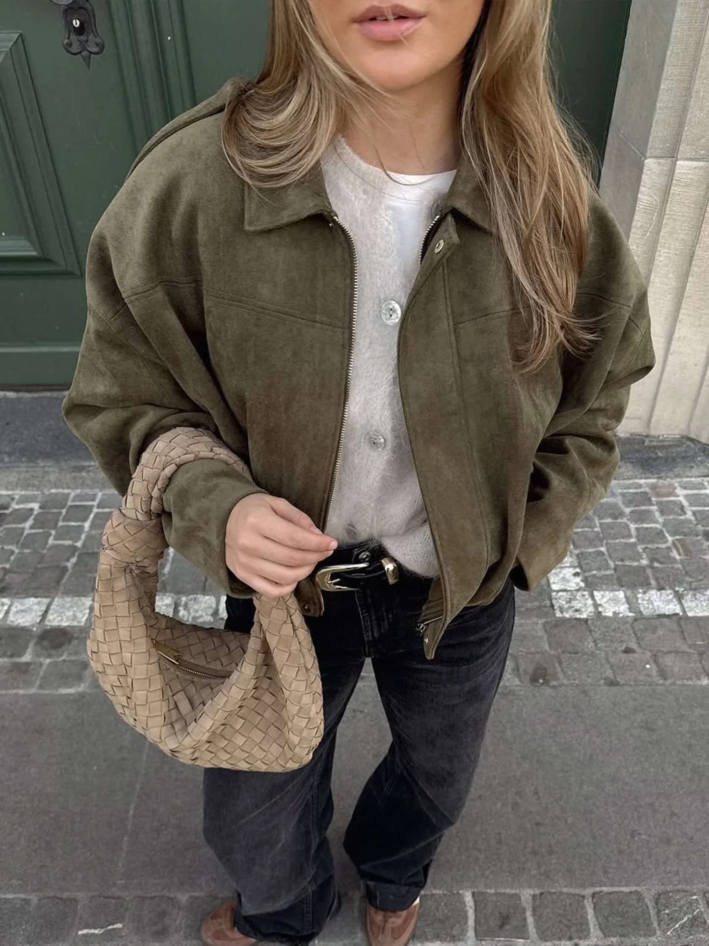 Women's Faux Suede Collared Bomber Jacket | Oriel_3