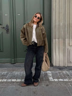 Women's Faux Suede Collared Bomber Jacket | Oriel_4