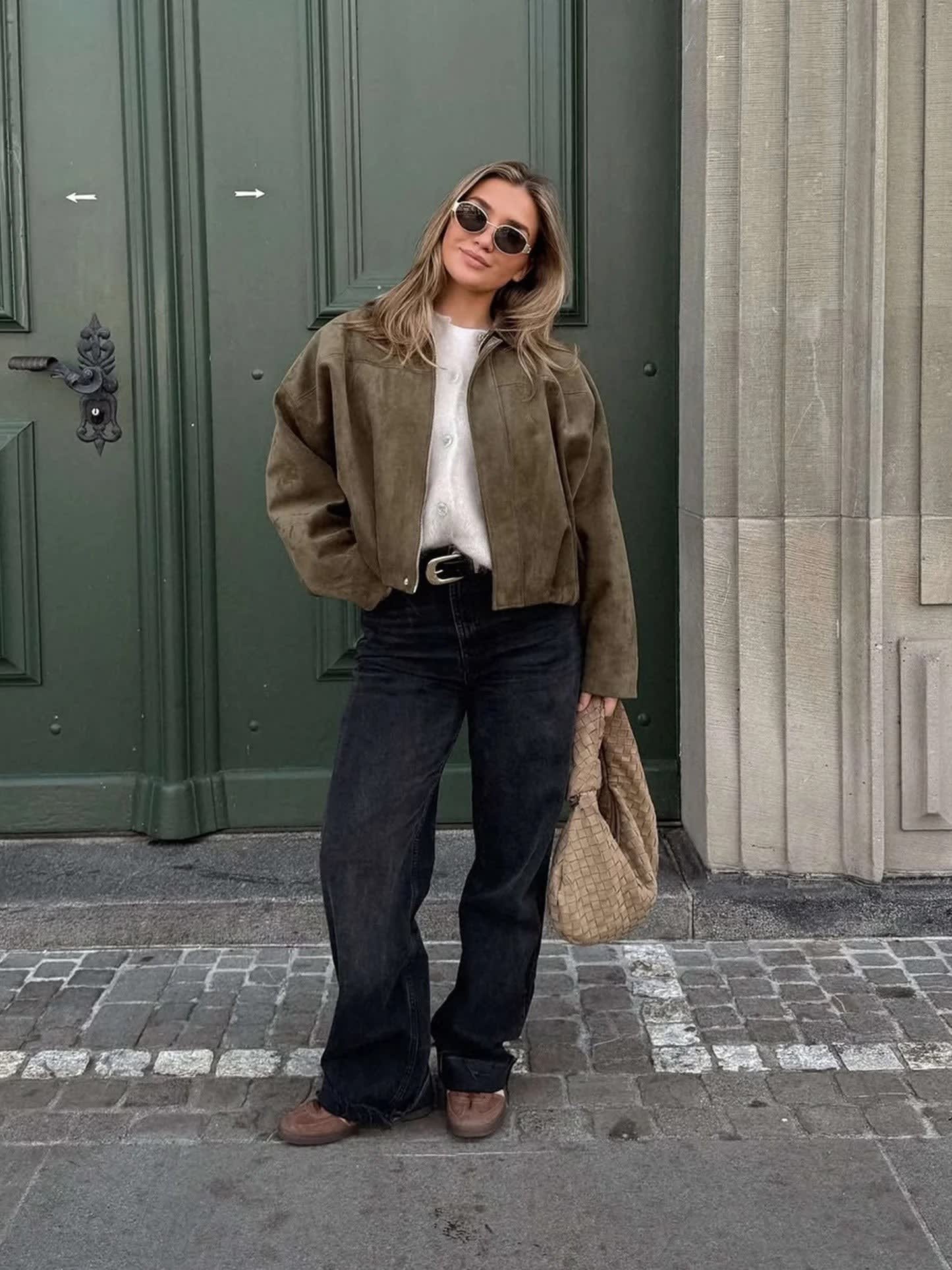 Women's Faux Suede Collared Bomber Jacket | Oriel_4