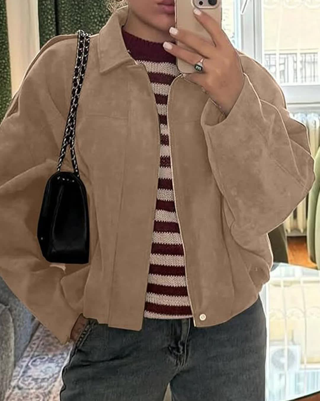Women's Faux Suede Collared Bomber Jacket | Oriel_7