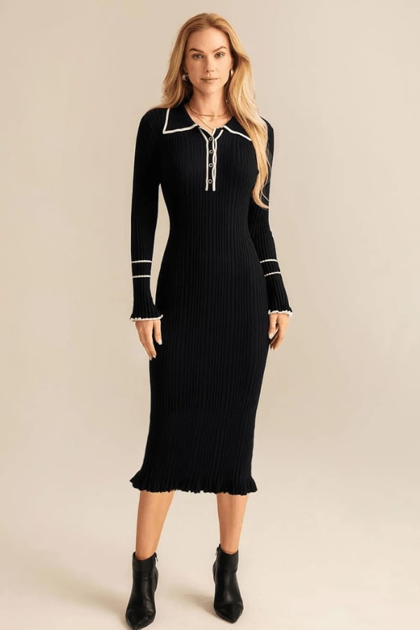 Women's Ribbed Knit Polo Midi Dress | Hermione_2