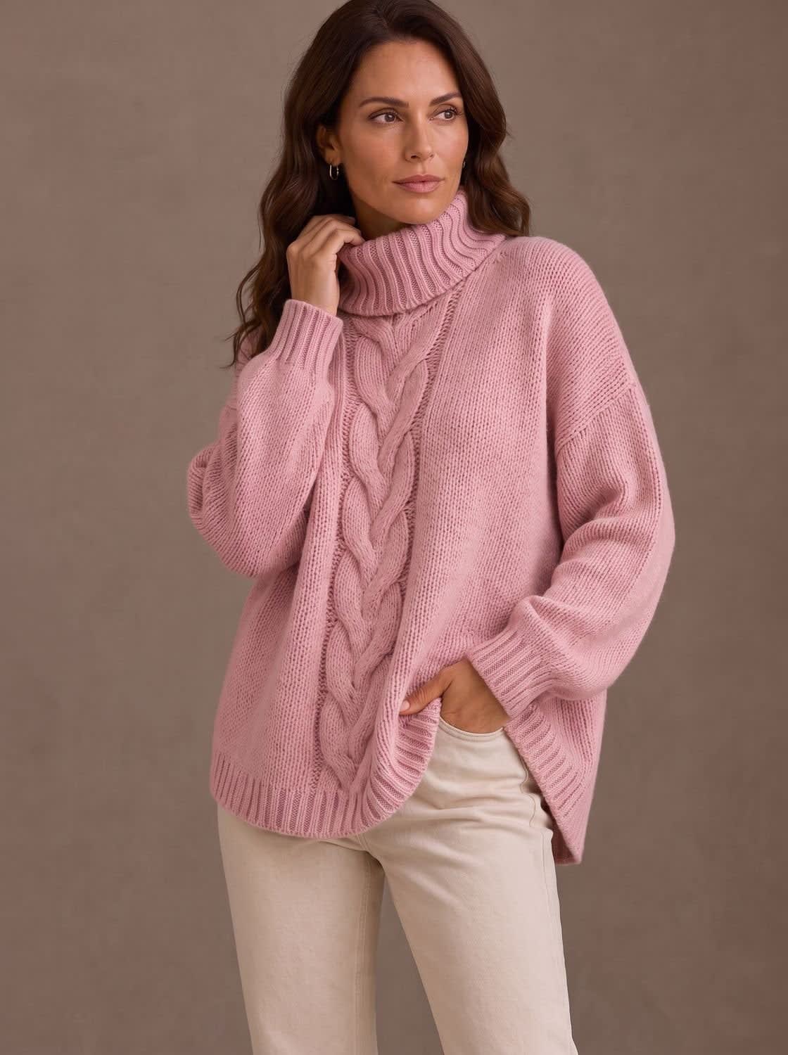 Women's Oversized Cable Knit Turtleneck Sweater | Ingoldsby_3