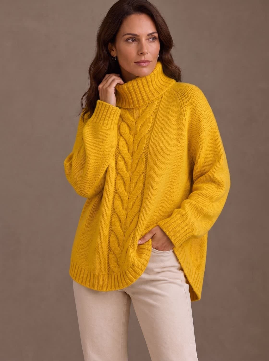 Women's Oversized Cable Knit Turtleneck Sweater | Ingoldsby_4