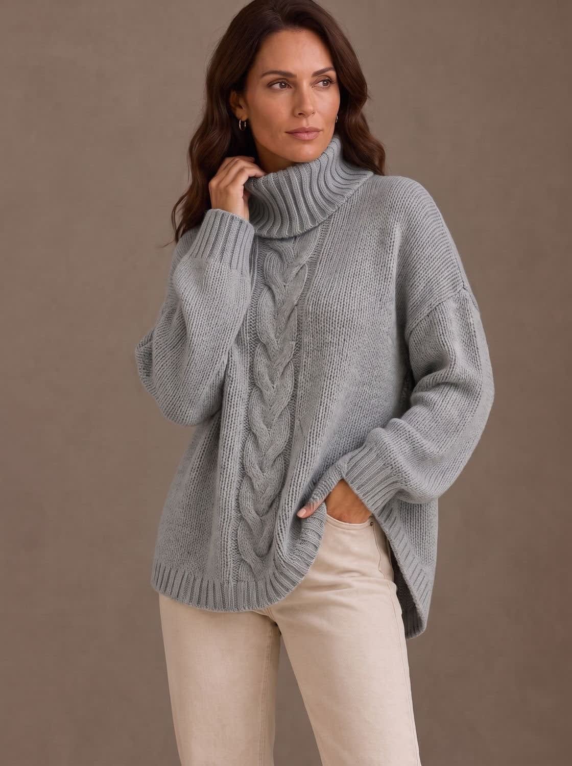 Women's Oversized Cable Knit Turtleneck Sweater | Ingoldsby_5