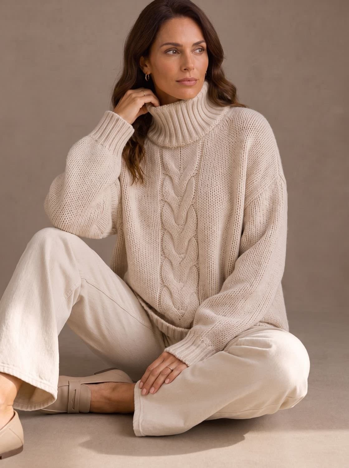 Women's Oversized Cable Knit Turtleneck Sweater | Ingoldsby_6