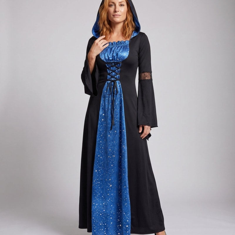 Women's Hooded Star Print Witch Costume Dress | Quainton_1