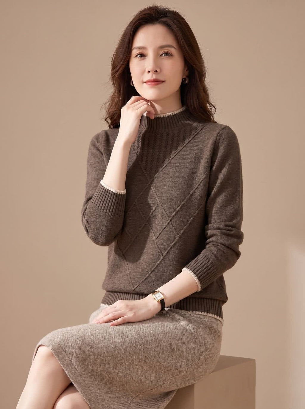 Women's Diamond Knit Mock Neck Sweater | Carminow_2