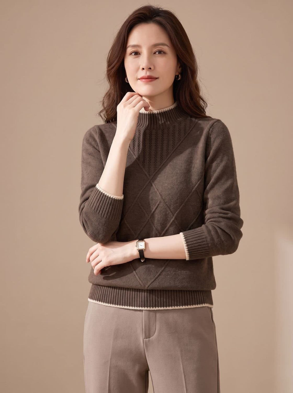 Women's Diamond Knit Mock Neck Sweater | Carminow_6