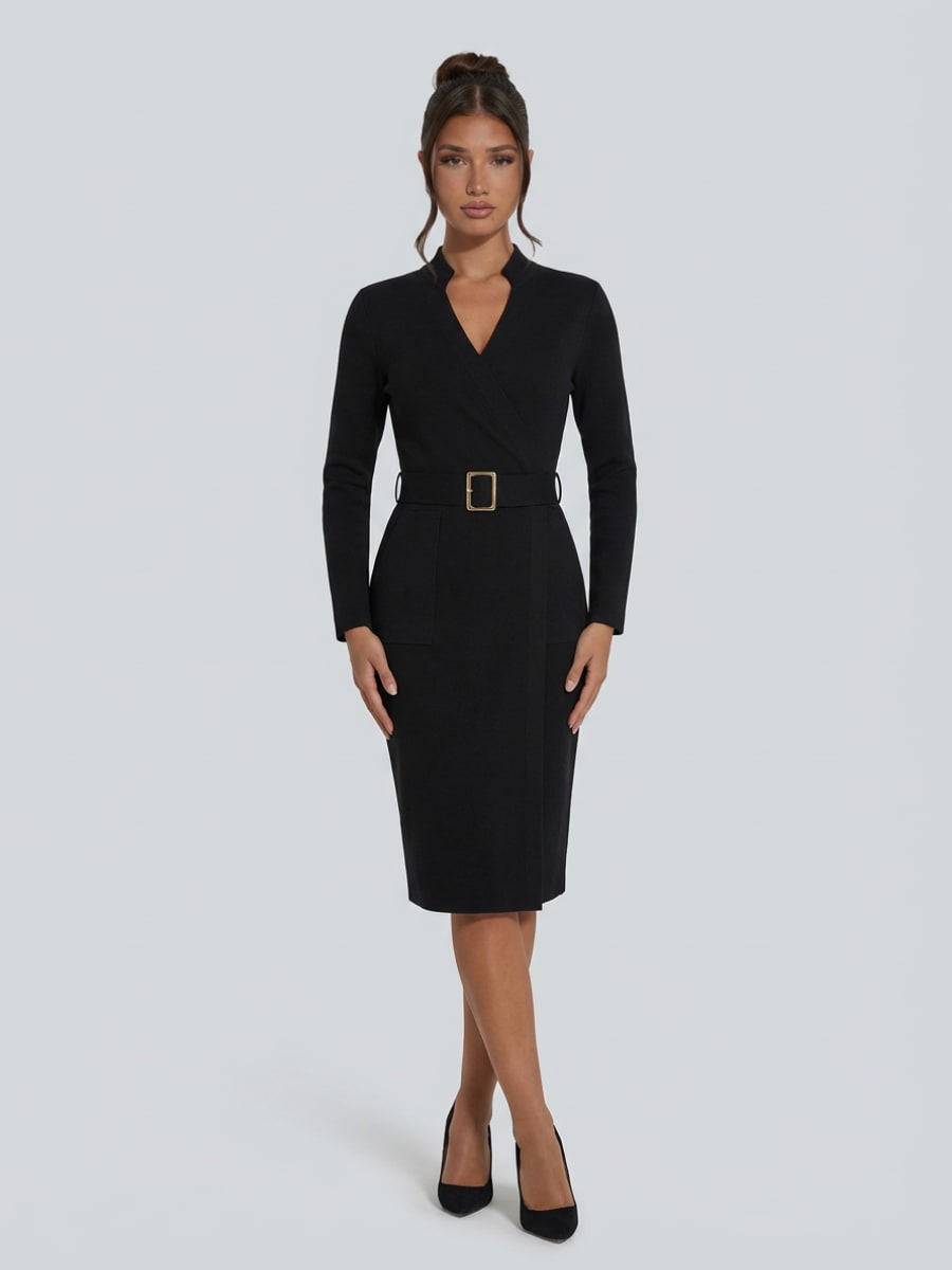 Women's Belted Wrap Midi Dress | Katherine_3