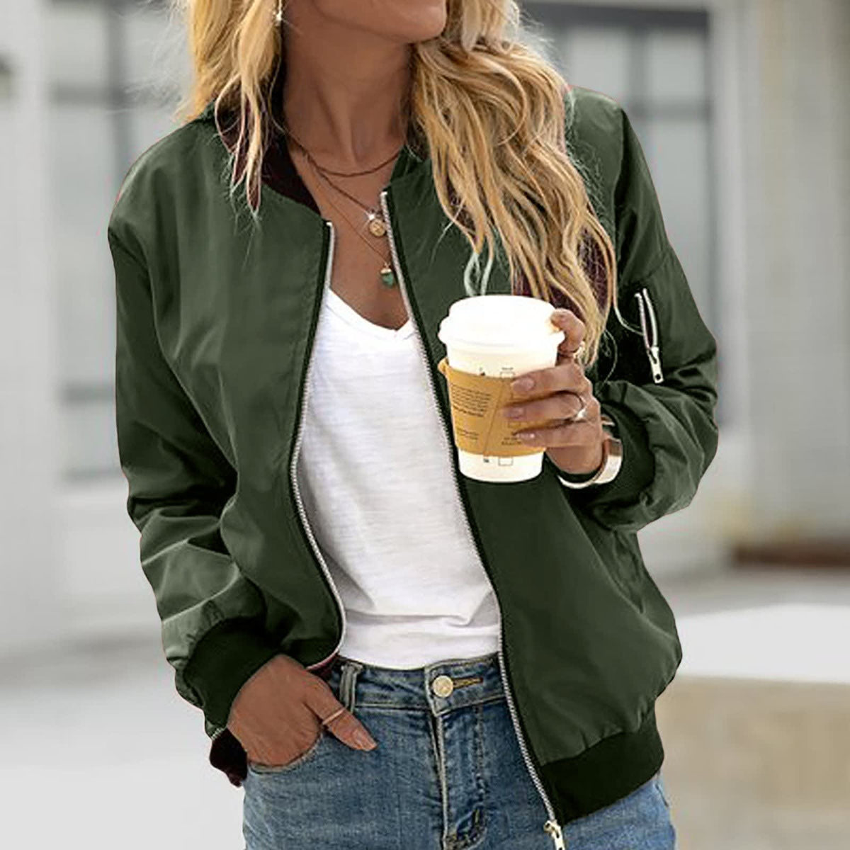 Women's Lightweight Zip Up Bomber Jacket | Amabel_8