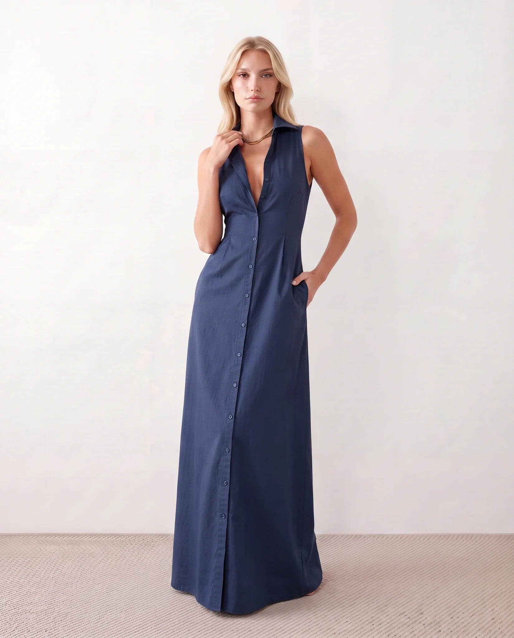 Women's Button Front Sleeveless Maxi Dress | Lavinia_13
