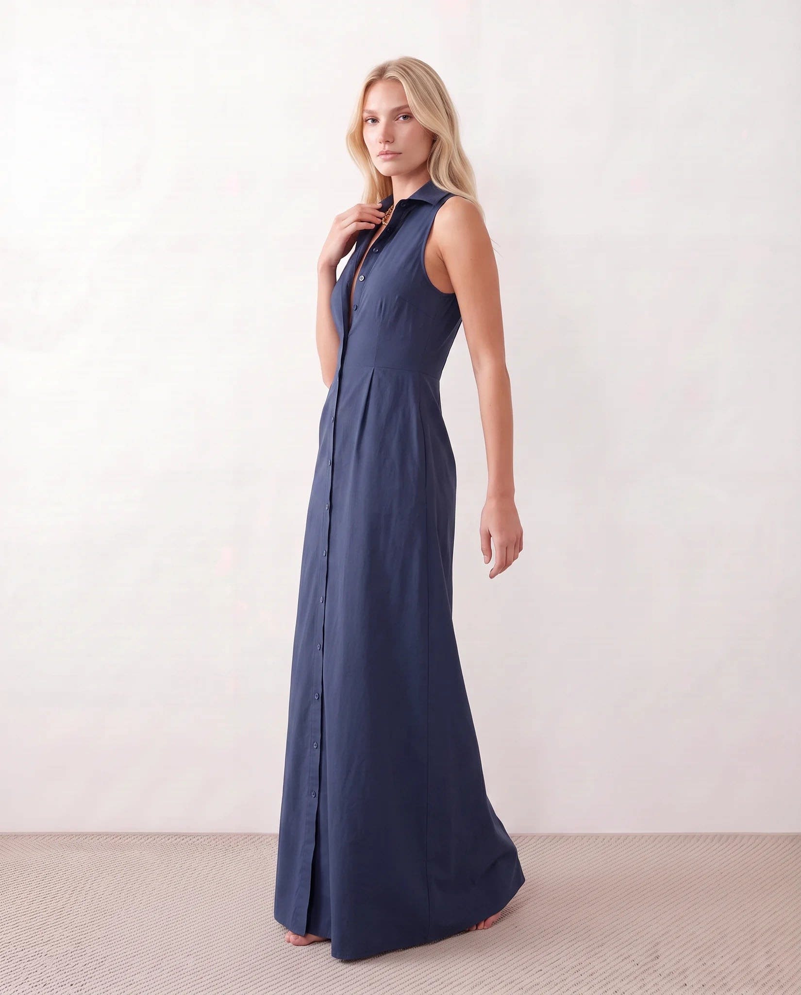Women's Button Front Sleeveless Maxi Dress | Lavinia_14