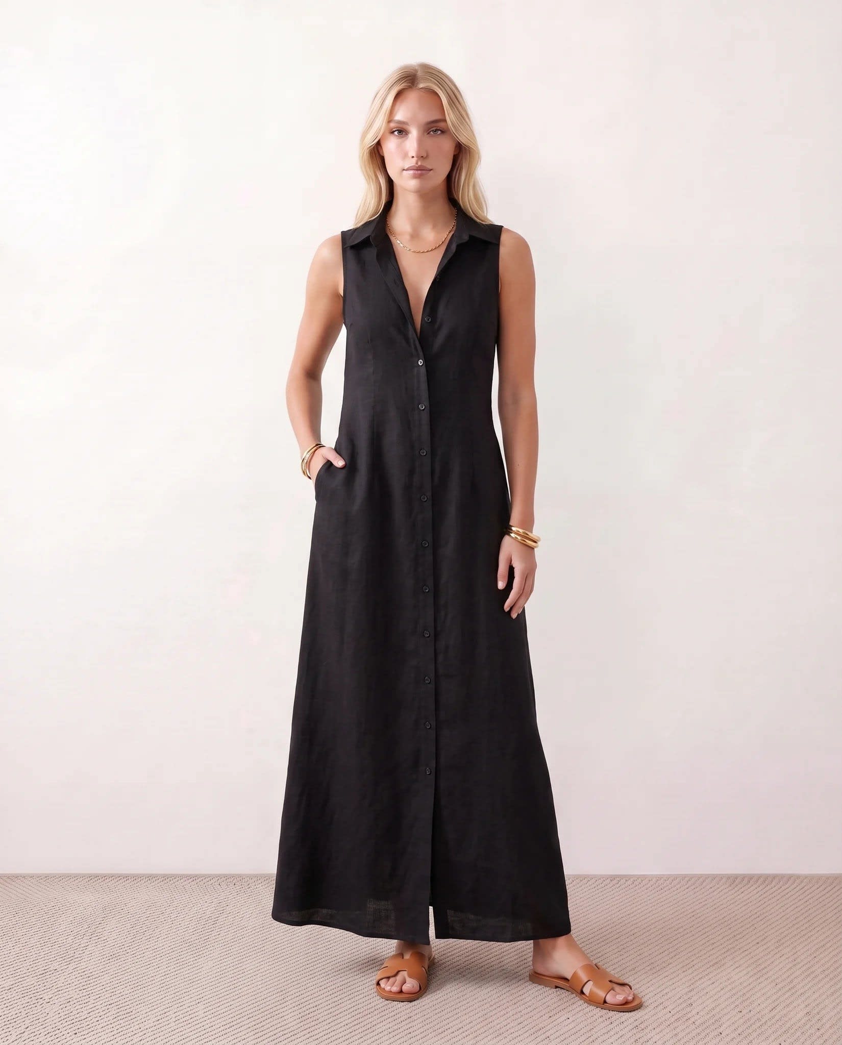 Women's Button Front Sleeveless Maxi Dress | Lavinia_17
