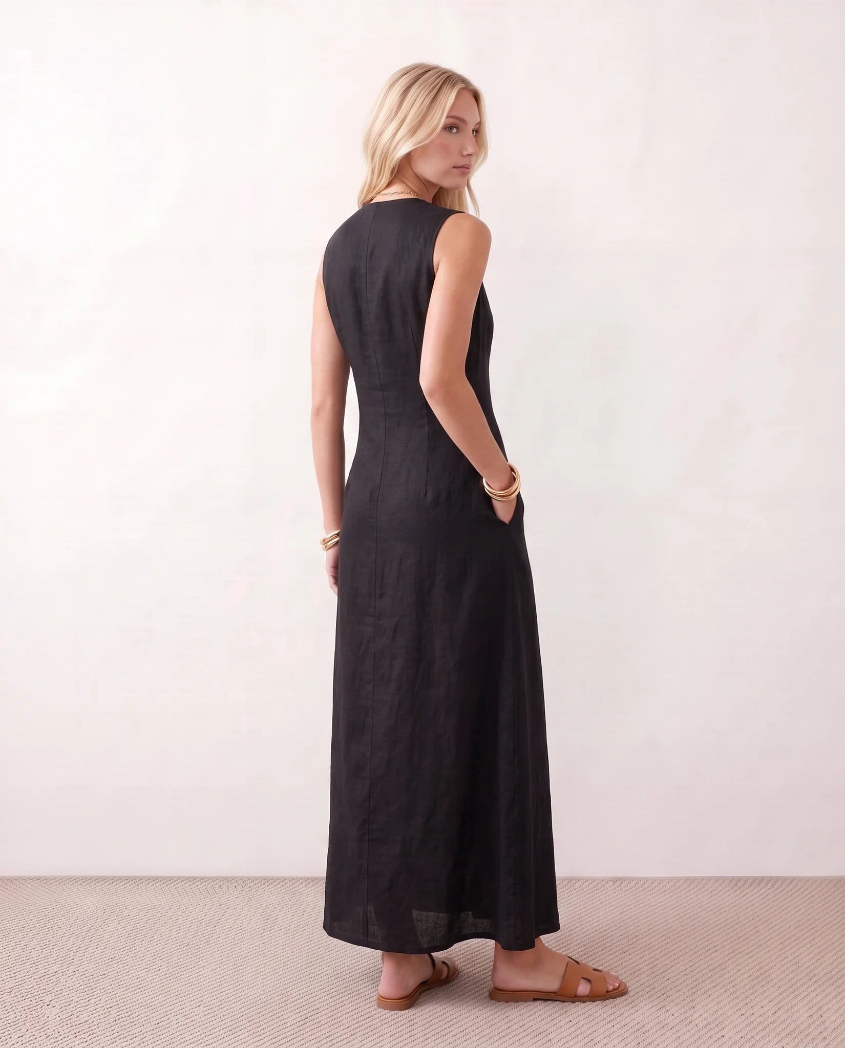 Women's Button Front Sleeveless Maxi Dress | Lavinia_19