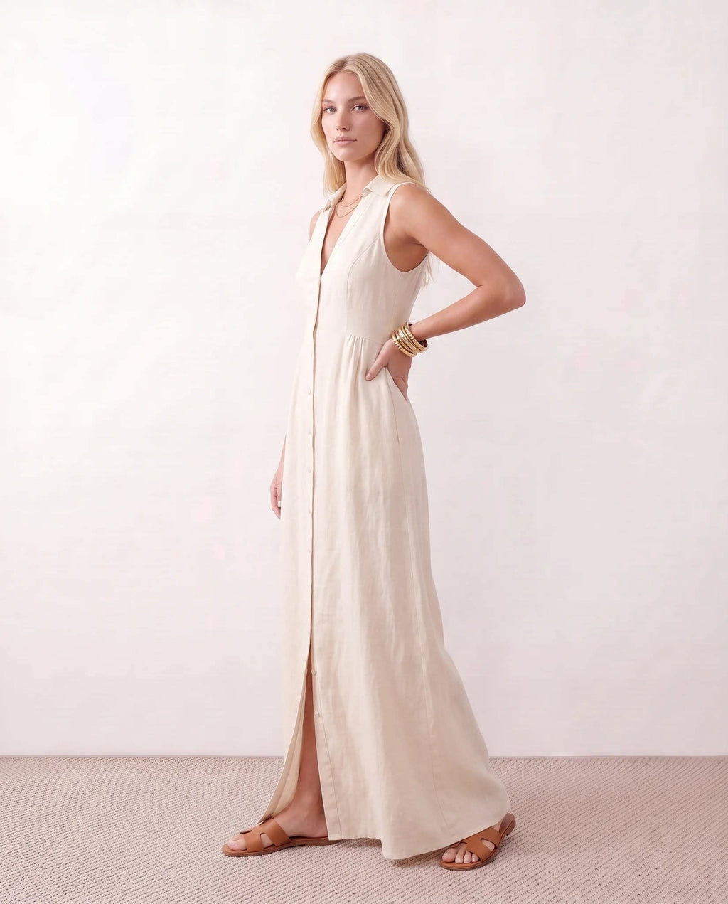 Women's Button Front Sleeveless Maxi Dress | Lavinia_2