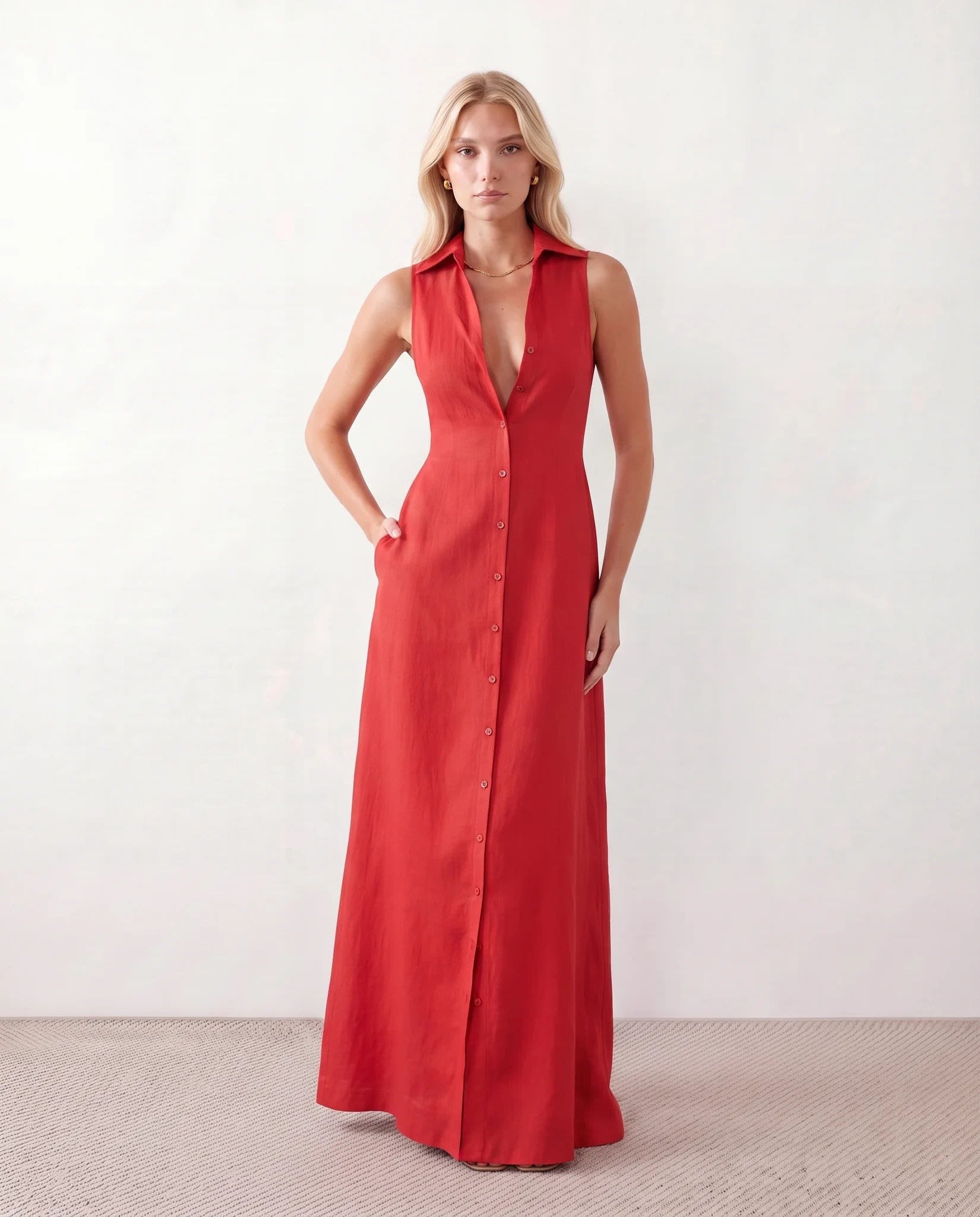 Women's Button Front Sleeveless Maxi Dress | Lavinia_5