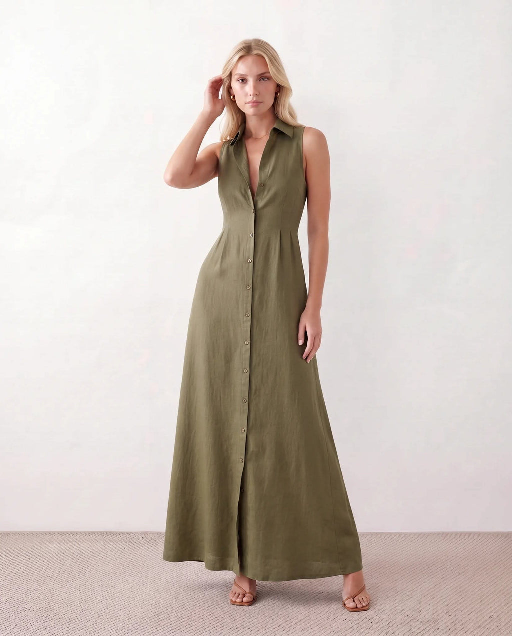 Women's Button Front Sleeveless Maxi Dress | Lavinia_9